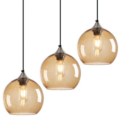 Image of Light Brown Glass Pendant Lights Kitchen Island Lighting Globe Pendant Light Fixtures Modern Pendant Lighting for Bedroom Living Dining Room Light Fixture (7.87 in, 3 Pack)