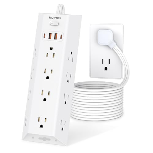 HOPOW Surge Protector Power Strip, 5FT Extension Cord with 12 AC Outlets & 4 USB Ports (2 USB C), Wall Mount, Flat Plug Charging Station, 1700 Joules Surge Protector for Home Office, White