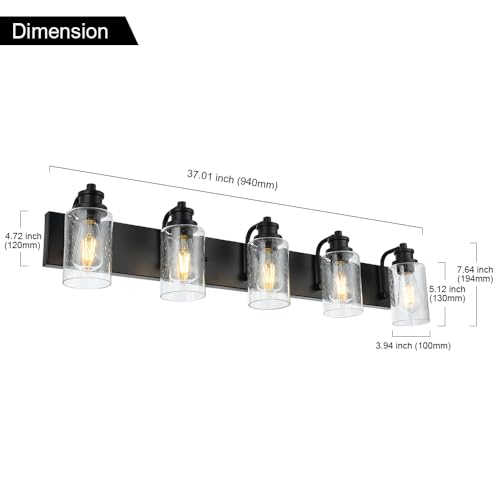 Image of 5-Light Bathroom Light Fixtures, 37 inch Black Bathroom Vanity Light with Seedy Glass Shades, Farmhouse Wall Sconces Lighting for Mirror, Hallway, Bedroom, Living Room