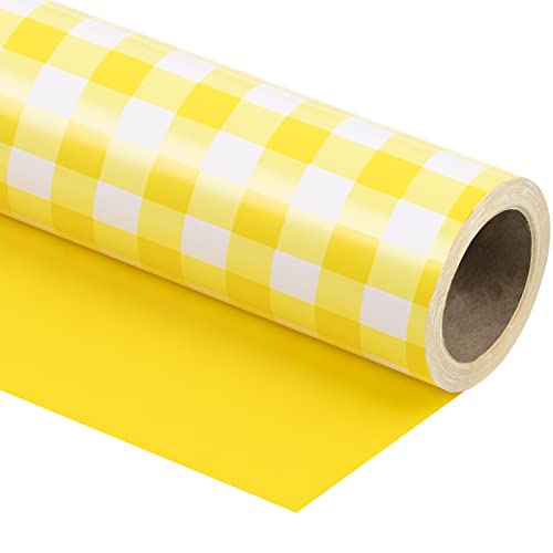 WRAPAHOLIC Reversible Wrapping Paper - Mini Roll - 17 Inch X 33 Feet - Yellow and White Plaid Design for Birthday Holiday Wedding Baby Shower