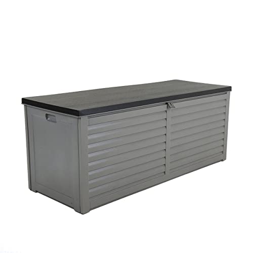 CHARLES BENTLEY Coffre de Rangement 390L Jardin Extérieur - Plastique Gris avec Couvercle Noir, Poignées Moulées, Cadenas, Glissières Aluminium (143x57x53 cm)