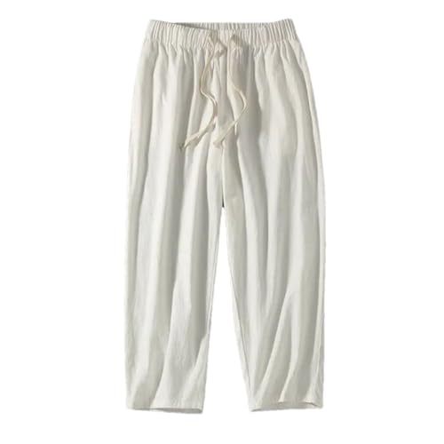 Men Summer Leisure Thin and Light Cotton Ankle-Length Pants White 4XL