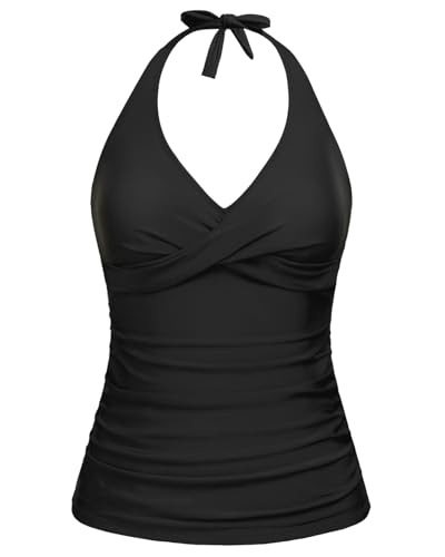 Tempt Me Women's Black Tankini Top Halter Tummy Control Swim Tops Only Twist Front V Neck Bathing Suit No Bottom M