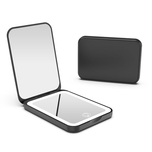 Kintion Pocket Mirror Rechargeable 1X/3X Magnification LED Compact Travel Makeup Mirror for Purse 3 Colors Dimmable Folding Handheld Small Lighted Mirrors for Women Gifts Black