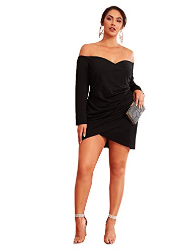 Romwe Women's Plus Size Sexy Off Shoulder Wrap Sweetheart Pleated Front Party Mini Bardot Dress Black 1X Plus #TOP4