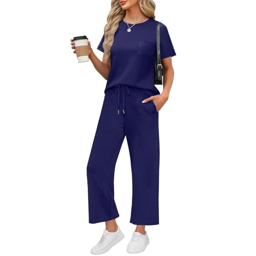 2 Piece Casual Sets for Women Short Sleeve Matching Lounge Sets Crewneck T Shirts Leisure Wear Set Cropped Wide Leg Pants Casual Work Outfits Spring Summer Two Piece Set Cotton Beach Resort Outfits