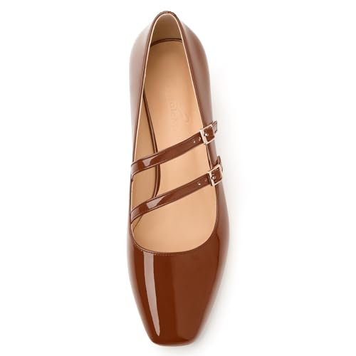 Womens Mary Jane Pumps, Square Toe Low Block Heel Pumps for Women, Leather Insloe Comfort Daily Two Straps Mary Janes 1.3"3