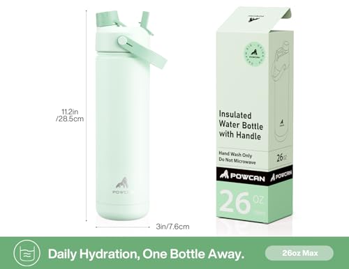 Image of POWCAN 26 oz Insulated Water Bottle with 2-in-1 Straw and Spout Lid, Keep Cold 24H, Leak-Proof, Fits in Car Cup Holder, Stainless Steel Water Bottle for Sports, Travel, and School (Mint)