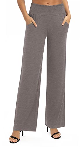 EXCHIC Mujeres Sólido Suelto Pierna Recta Palazzo Pantalones Cintura Alta Elástico Casual Pantalones con Bolsillos(L, Chocolate)