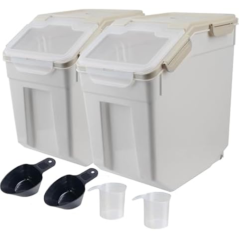 AnRui Airtight Dog Food Storage Container 20lb, Plastic Pet Cat Food Storage Bin with Lid Large Rice Cereal Grain Flour Dispenser Organizer Storage Box with Measuring Cup, Scoop, Wheels, 2Pcs Grey Cover