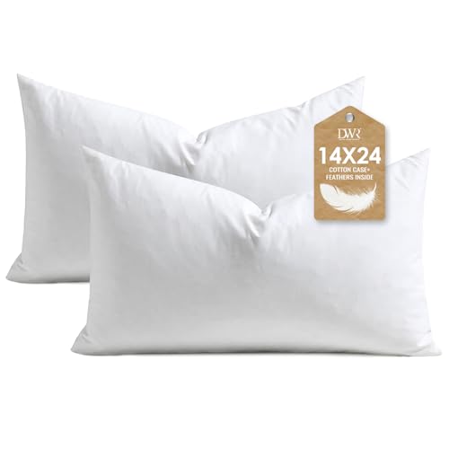 DWR Set of 2 Feather Down Throw Pillow Inserts 14x24 with Organic Cotton Cover Feather Rectangular White Decorative Pillow Inserts for Bed Sofa and Couch