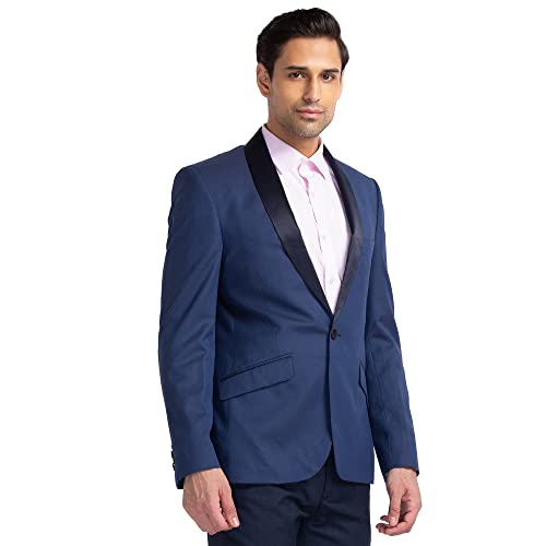 Image of Raymond Men's Contemporary Fit Polyviscose Blend Shawl Collar Na Pattern Full Sleeve Dark Blue Ceremonial Suit