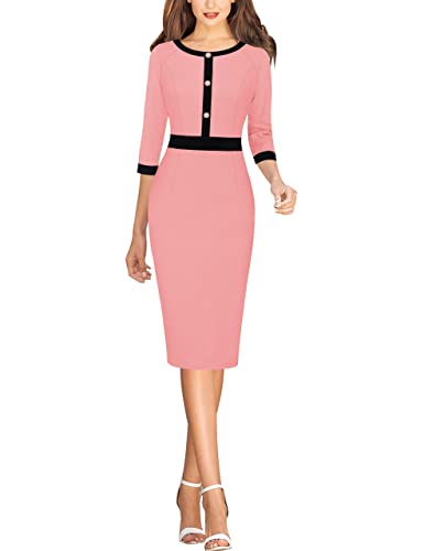 Vfshow Womens Peach Pink And Black Patchwork Button Crew Neck Slim Wear To Work Office Business Bodycon Pencil Dress 9793 Pik Xl #TOP1