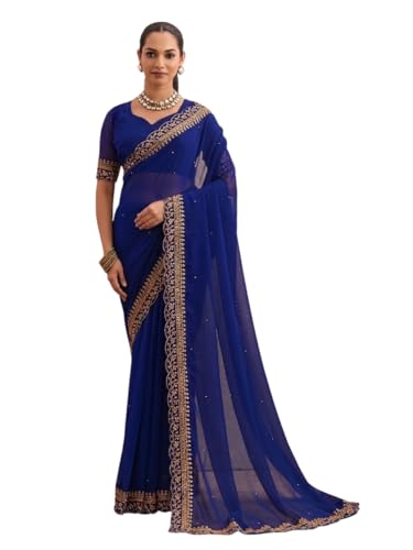 Image of Women's Georgette Embroidery Border Beads work Saree with Blouse Piece