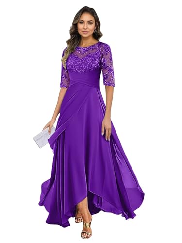 RYANTH Chiffon Lace Appliques Mother of The Bride Dresses for Women Half Sleeve Tea Length A Line Formal Evening Gowns