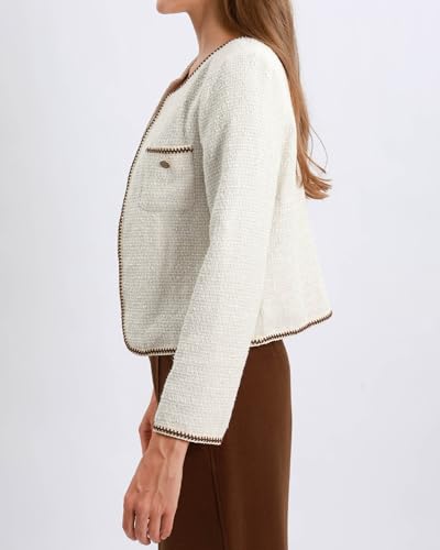 Xintianji Womens Open Front Cropped Blazer Jacket - Uncollared Sparkling Yarn Pockets Long Sleeve Business Casual Blazer4