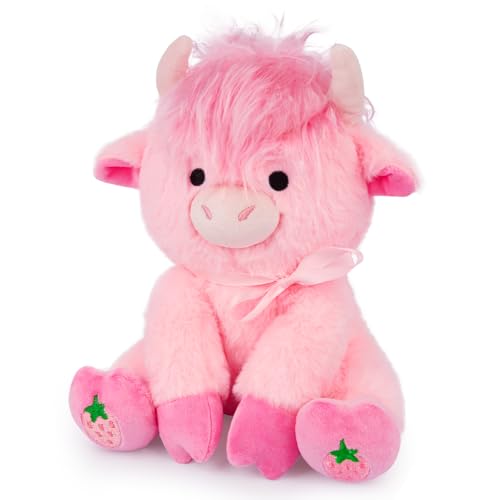 Cow Plush 8inch Strawberry Pink Highland Cow Plush with Ribbon Bow