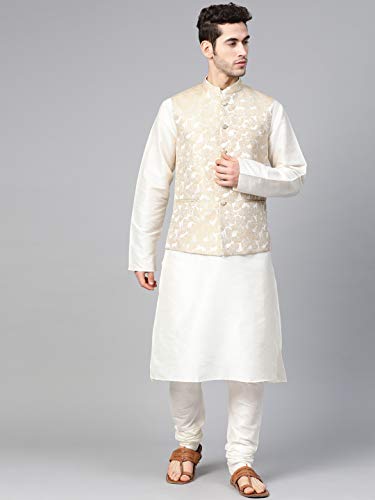 Image of MANQ Men Fawn Woven Jaquard Silk Nehru Jacket (Size:36)