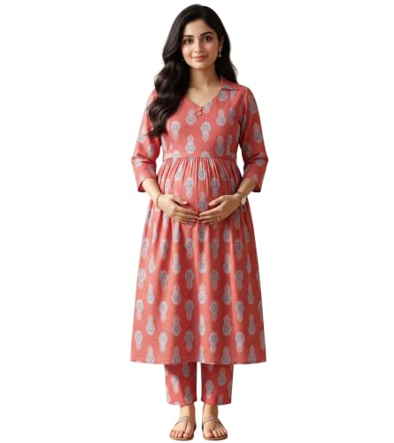Image of DUMMY SHAPE Maternity Dresses for Women Cotton | Floral Kurta Pant Dupatta Set with Nursing Zippers, Side Pocket | Pre & Post Pregnancy | Feeding Kurti Suit | Baby Shower | Gifts for Pregnant Woman