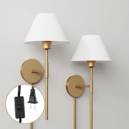 Image of Nathan James Millie Plug-in Wall Sconce, Wall Mounted Bedside Reading Lamp with Cotton Shade and Brass Back Plate, Set of 2