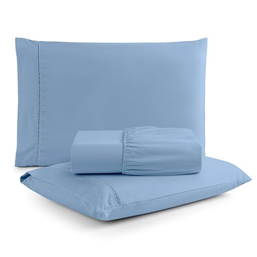Jogo de Lençol Casal 3 Peças Percal 400 Fios com Ponto Palito | Toque de Hotel, Não Amassa e Anti Bolinha - Cor Azul