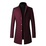 Allthemen Wintermantel Herren Mantel Slim Fit Lang Wollmantel Business Mantel mit Stehkragen Herren Wintermantel Weinrot(Gefüttert) L