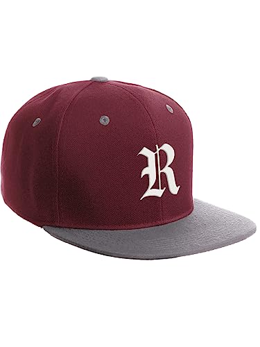 Daxton Classic Snapback Hat Old English Font Alphabet A to Z Flat Bill Visor Cap, Burgundy Light Grey Hat, White R
