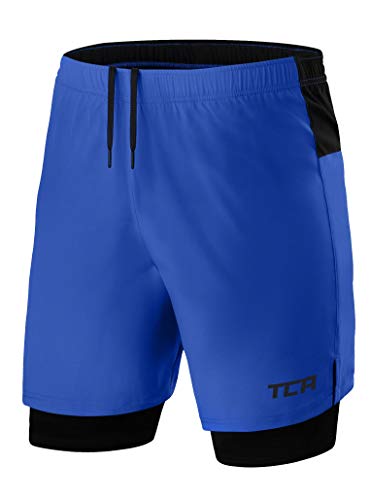 TCA Men's Ultra 2 in 1 Running Shorts with Inner Compression Short and Zip Pocket - Cobalt/Black, M