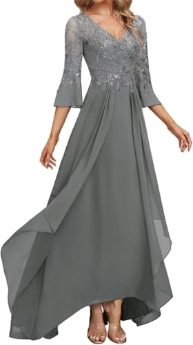 Women's Mother of The Bride Dress Chiffon Lace Applique V Neck Flared Sleeves Formal Party Dresses