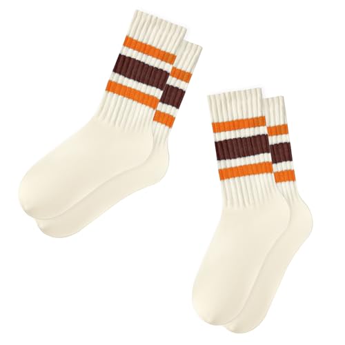 Image of Vintage Striped Crew Socks Slouchy Calf Tube Socks for Women and Men | Retro Athletic Mid-Calf Socks, Stretchy Knit Casual Comfort for Running Golf Tennis Volleyball & Daily Wear