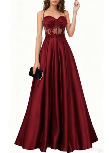 HOMEYEE Damen Elegant Floral Spitze Spaghetti Träger Träger Lang Brautjungfernkleid Abendkleide A-Linie Ballkleid A491 (S, Burgund)