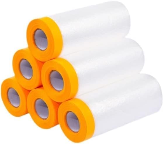 BEETO 6 Rolls Plastic Drop Cloth, Plastic Sheeting with Masking Tape, Waterproof Protective Masking Film, Soft and Tear Resistant, Prevent Dust Paint for Car, Furniture, Carpet, Floor, 110 Cm X 20m