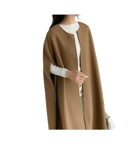 KWTF Chaleco largo elegante de lana con puntada abierta para mujer, chaleco de otoño con cuello redondo, abrigos informales holgados sin mangas coreanos para mujer