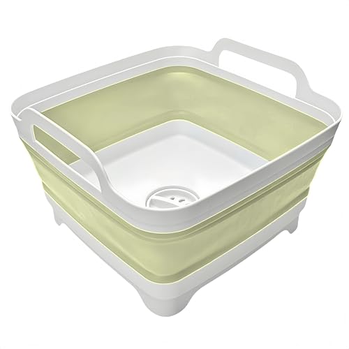 Image of Collapsible Wash Basin 9L, Foldable Dish Tub with Drain Plug, Portable Collapsible Dish Basin, Camping Sink for Washing Dishes, Laundry & Kitchen Use (Green)