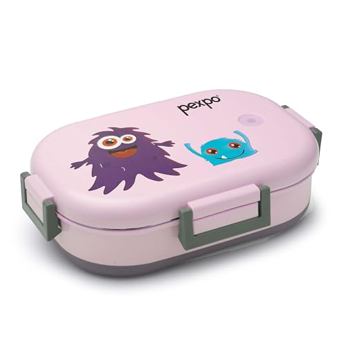 Image of Go24 pexpo Tango Monster(Purple) Print Stainless Steel Insulated Tiffin Box for Kids (650ml) and Small Container(150ml) with Spoon - Pink | | Anti-Skid Rubber Base| Kids Lunch Box for School, Picnic