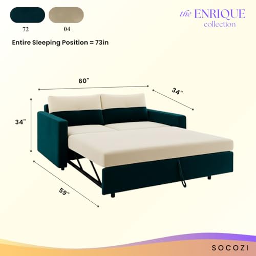 Image of SOCOZI Enrique 2-Seater Pull-Out Sofa Cum Bed | Soft Velvet Suede Fabric, Convertible Sofa Bed for Bedroom (Green Teal-Cream)