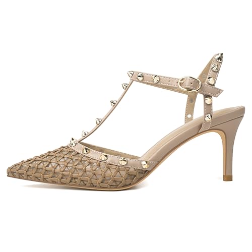 Image of XINIUNIU Studded Heels for Women Kitten Heels with Studs Stiletto Sandals with Rivet Ankle Strap Patent Leather Pointy Toe 2.5 Inch Party Daily Wear Evening Sandals