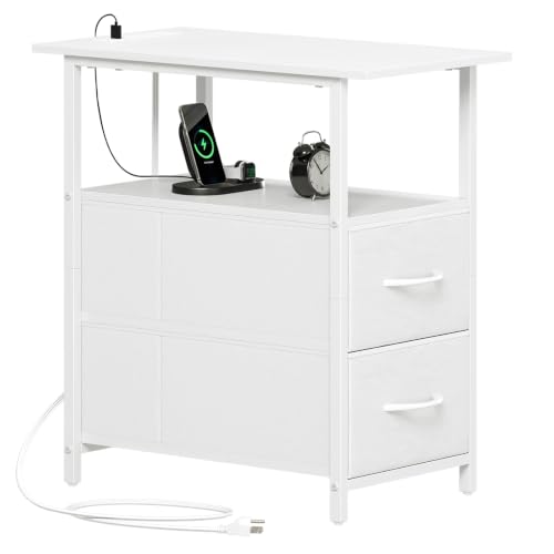 Somdot End Table with Charging Station Narrow Side Table with 2 Fabric Drawers Skinny Nightstand with Storage Small Slim Bedside Table for Living Room Sofa Bedroom Couch White Leather