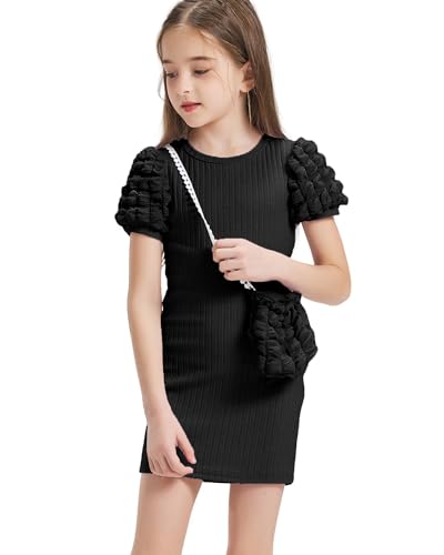 Girls Ruffle Sleeve Knit Fashion Bodycorn Mini Knee Length Dress with Cute Bag for Special Casual and Party Wear2