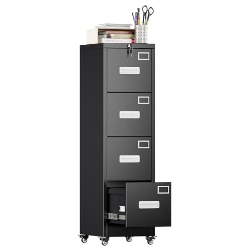 Image of Aobabo 4 Drawer Metal File Cabinet with Lock and Wheels,Black | 15.7 inchD x 17.7 inchW x 53.2 inchH metal filing cabinet for letter /legal files and small office storage.