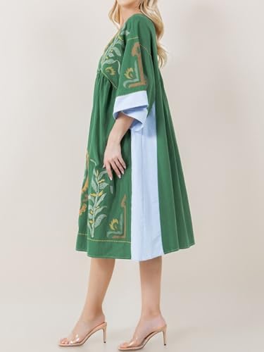 Image of Joiemont Womens Oversized Floral Embroidered Long Dress with V-Neck and 3 /4 Sleeves Vintage Embroidery Babydoll Dress