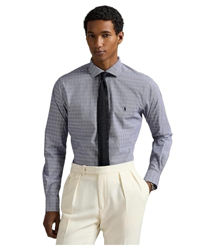 Image of POLO RALPH LAUREN Mens Classic Fit Plaid Stretch Poplin Shirt, Navy/White, S