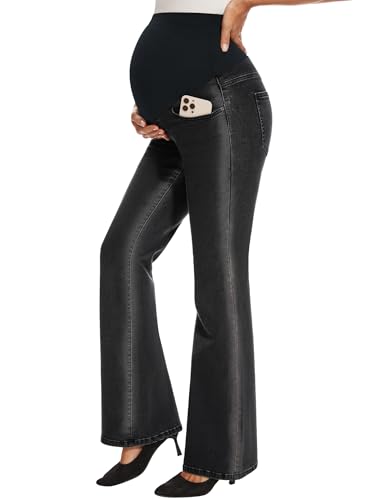 Image of GLAMIX Women's Stretch Maternity Bootcut Jeans with Pockets Over The Belly Bell Bottoms Flare Denim Pants Pregnancy Clothes