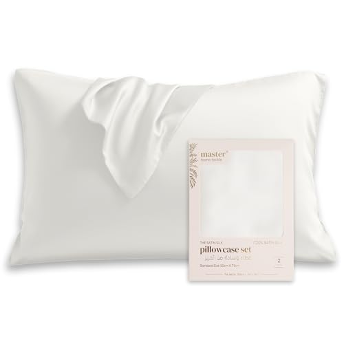 MASTER Satin Silk Pillowcase for Hair and Skin Cooling Satin Pillowcase Standard Size Set of 2 Pack Super Soft Pillowcase with Envelope Closure (White Standard)