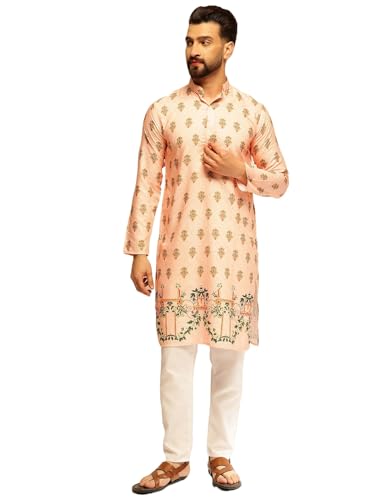 Image of SOJANYA (Since 1958 Men's Cotton Kurta Pyjama with Daman Print & Krochet Embroidery