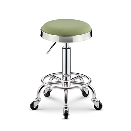Taburete redondo con ruedas y reposapiés, asiento con ruedas para taller, taburete mecánico neumático moderno con ajuste de altura de cuero sintético, para casa o taller (color: verde, tamaño: 32 x