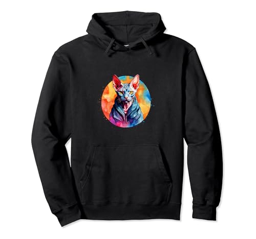 Colorful Watercolor Sphynx Cat Elegance Artistic Cool Pullover Hoodie