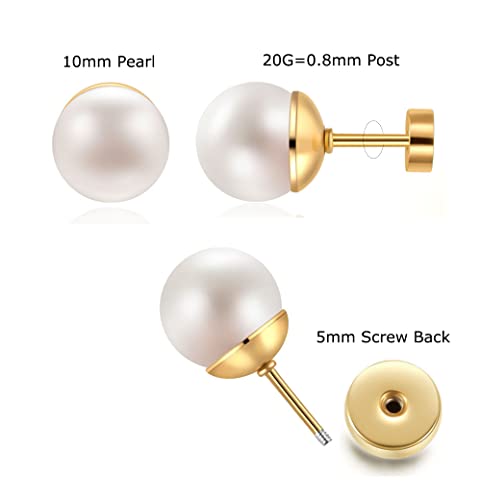 Pearl Stud Earrings for Women,Flat Screw Back Pearl Helix Earrings Cartilage Earrings 316L Surgical Steel Piercing Jewelry Gift(7,8,9,10mm Pearl)2