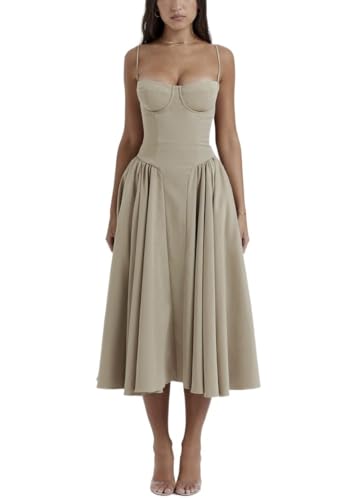 Gstpesm Milkmaid Dress Women Low Cut Solid Color Backless Spaghetti Strap Bodycon Big Skirt Fairy Corset Midi Bustier Dress, Medium, Khaki