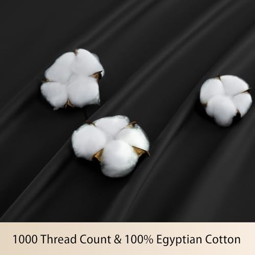 MEISHANG Extra Deep Pocket Queen Sheets Cotton - 1000 Thread Count Sheets - Fits 18"-24" in Deep Mattress,100% Egyptian Cotton,Sateen Weave, Soft & Breathable - 4 Piece (Queen, Black)